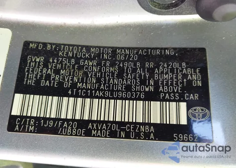 2020 Toyota Camry Le z USA, uszkodzony, nr VIN 4T1C11AK9LU960376